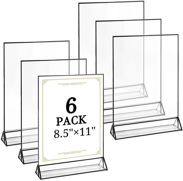 Main image of 6 Pack 8.5x11 Inch Clear Acrylic Sign Holders, Double-Sided Black Display Stand Picture Frames for Table Numbers, Menus, Flyers, Weddings, and Offices