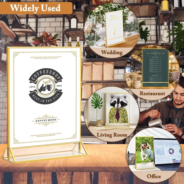 Alt view image 5 of 5 - 6 Pack 8.5x11 Inch Clear Acrylic Sign Holders, Double-Sided Gold Display Stand Picture Frames for Table Numbers, Menus, Flyers, Weddings, and Offices