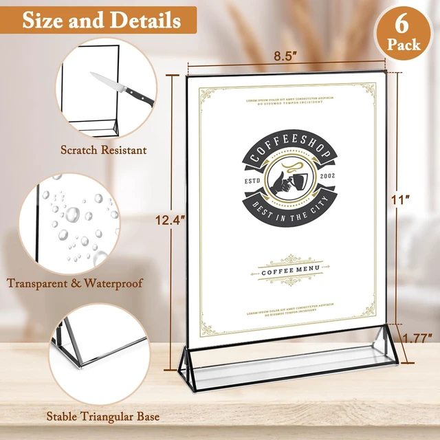 Alt view image 2 of 5 - 6 Pack 8.5x11 Inch Clear Acrylic Sign Holders, Double-Sided Black Display Stand Picture Frames for Table Numbers, Menus, Flyers, Weddings, and Offices