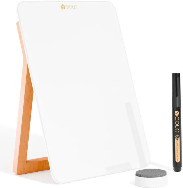 Main image of Desktop Glass Whiteboard with Reversible Wood Stand 9.5"x6.7" Solid Beech Wood & Tempered Glass, Desk Dry Erase Board, Small White Board, For Home & Office