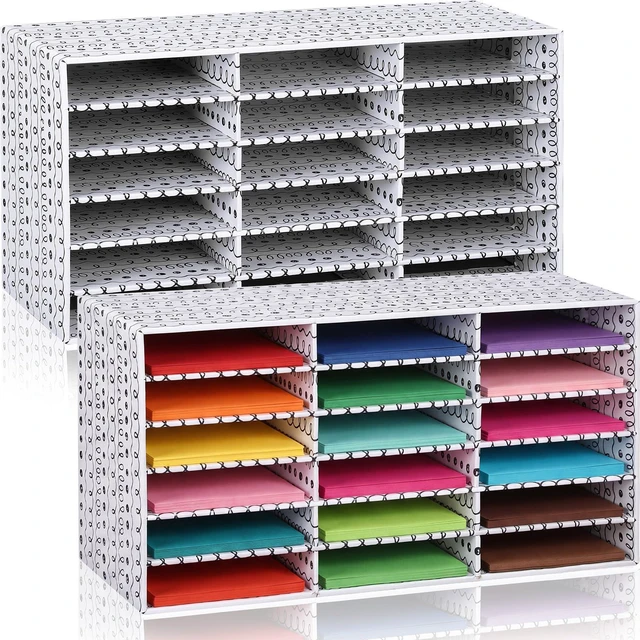 Main image of 2 Pcs Classroom Construction Paper Storage,Wavy Lines and Dot 18 Slot Compartments Desktop Scrapbook Organizer for Letter/A4 File Sorter, 14.2" H x 28.1" W x 12.4" D for School Office