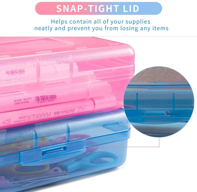 Alt view image 4 of 6 - Plastic Pencil Case Box 6 Pack, Colored Large Craft Storage Bulk Plastic Containers with Snap-tight Lids, Hobby Art School Supply Organizer, Marker Bead Pen Bins Organizer,Stackable, Clear