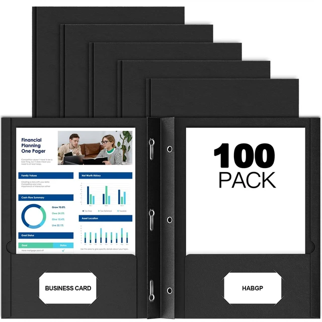 Main image of 100 Pack Black Two Pocket Folder with Prongs, Paper Folders with Pockets Business Card Holder, Folders with Pocket, Fit Letter Size, Organizing Papers in School, Office, Business, Black