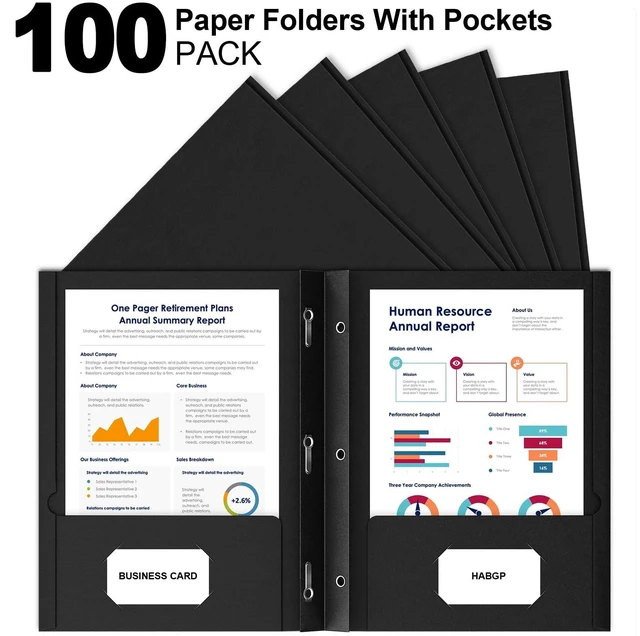 Alt view image 4 of 7 - 100 Pack Black Two Pocket Folder with Prongs, Paper Folders with Pockets Business Card Holder, Folders with Pocket, Fit Letter Size, Organizing Papers in School, Office, Business, Black