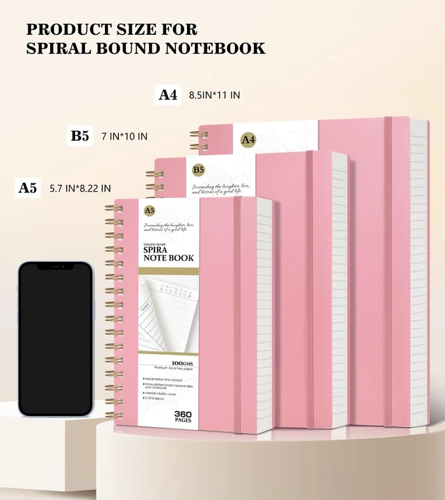 Alt view image 3 of 7 - Pink Spiral Notebook Journal, 360 Pages College Ruled Notebooks, Lined Thick Journals for Women Men,B5 Big Spiral Notebooks with 100GSM Paper, Spiral Bound Journal for Writing Work School 7.6"×10"