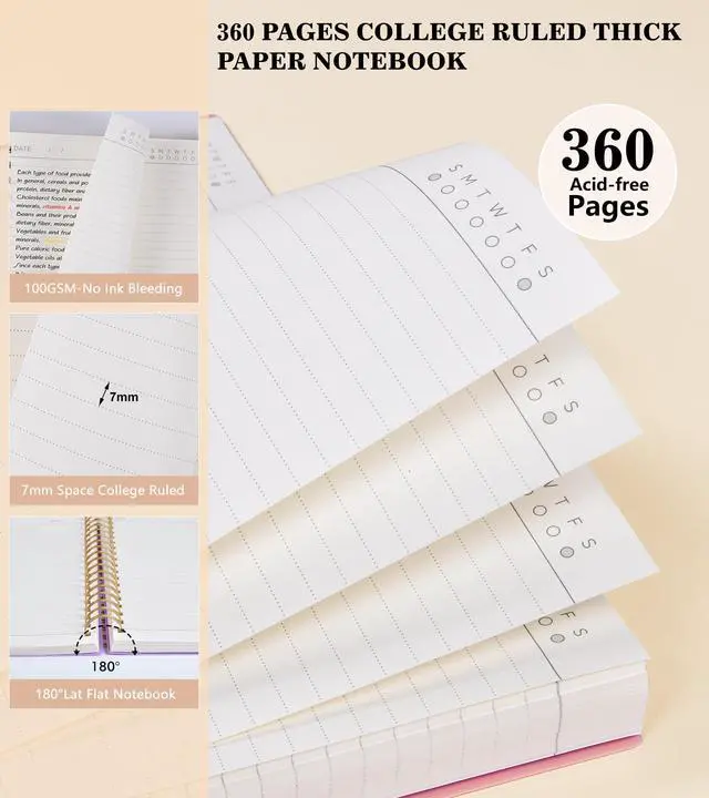 Alt view image 5 of 7 - Pink Spiral Notebook Journal, 360 Pages College Ruled Notebooks, Lined Thick Journals for Women Men,B5 Big Spiral Notebooks with 100GSM Paper, Spiral Bound Journal for Writing Work School 7.6"×10"