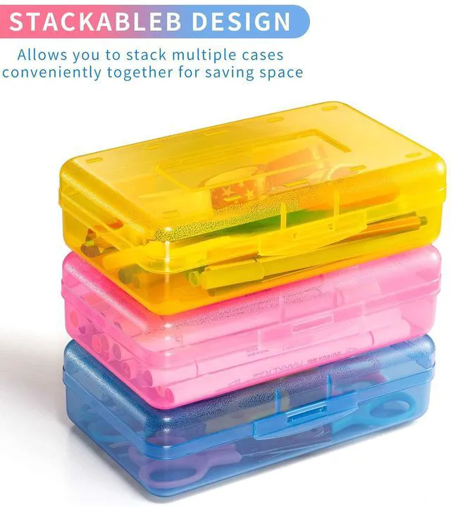 Alt view image 5 of 6 - Plastic Pencil Case Box 6 Pack, Colored Large Craft Storage Bulk Plastic Containers with Snap-tight Lids, Hobby Art School Supply Organizer, Marker Bead Pen Bins Organizer,Stackable, Clear