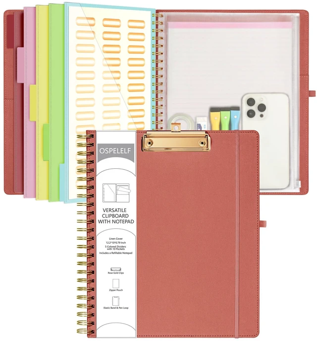 Main image of Red Foldable Spiral Clipboard Folio with Storage Zipper Pouch, 5 Plastic Folders with 10 Pockets, Refillable Lined Notepad (11" x 8.5"), Linen Hardcover Project Organizer