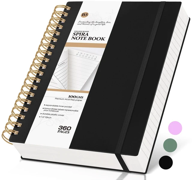Main image of Spiral Notebook Journal College Ruled, 360 Pages Lined Thick Journals for Women Men, B5 Big Notebooks with 100GSM Paper, Spiral Bound Journaling for Writing Work School Black 7.6"×10"