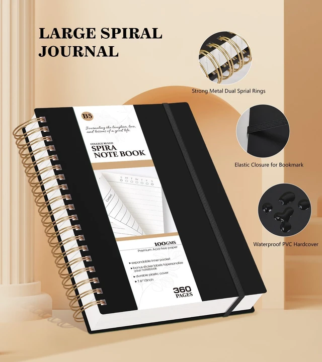 Alt view image 2 of 7 - Spiral Notebook Journal College Ruled, 360 Pages Lined Thick Journals for Women Men, B5 Big Notebooks with 100GSM Paper, Spiral Bound Journaling for Writing Work School Black 7.6"×10"
