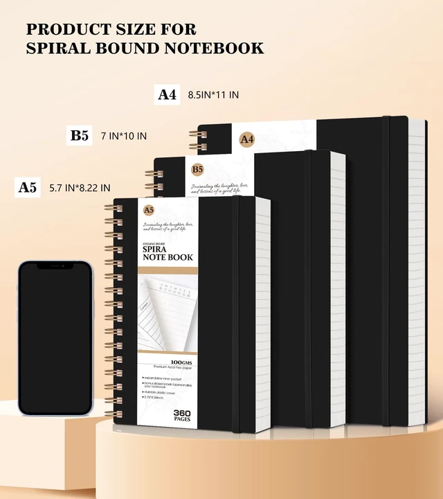 Alt view image 4 of 7 - Spiral Notebook Journal College Ruled, 360 Pages Lined Thick Journals for Women Men, B5 Big Notebooks with 100GSM Paper, Spiral Bound Journaling for Writing Work School Black 7.6"×10"