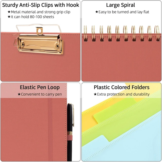 Alt view image 4 of 7 - Red Foldable Spiral Clipboard Folio with Storage Zipper Pouch, 5 Plastic Folders with 10 Pockets, Refillable Lined Notepad (11" x 8.5"), Linen Hardcover Project Organizer