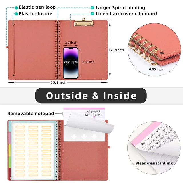 Alt view image 3 of 7 - Red Foldable Spiral Clipboard Folio with Storage Zipper Pouch, 5 Plastic Folders with 10 Pockets, Refillable Lined Notepad (11" x 8.5"), Linen Hardcover Project Organizer