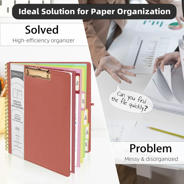 Alt view image 5 of 7 - Red Foldable Spiral Clipboard Folio with Storage Zipper Pouch, 5 Plastic Folders with 10 Pockets, Refillable Lined Notepad (11" x 8.5"), Linen Hardcover Project Organizer