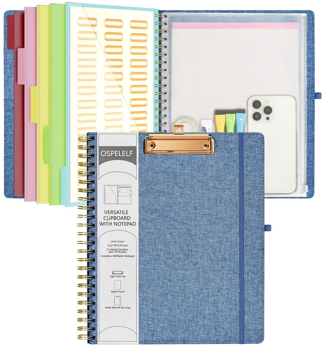 Main image of Foldable Spiral Clipboard Folio with Storage Zipper Pouch, 5 Plastic Folders with 10 Pockets, Refillable Lined Notepad (11" x 8.5"), Linen Hardcover Project Organizer(Haze Bule)