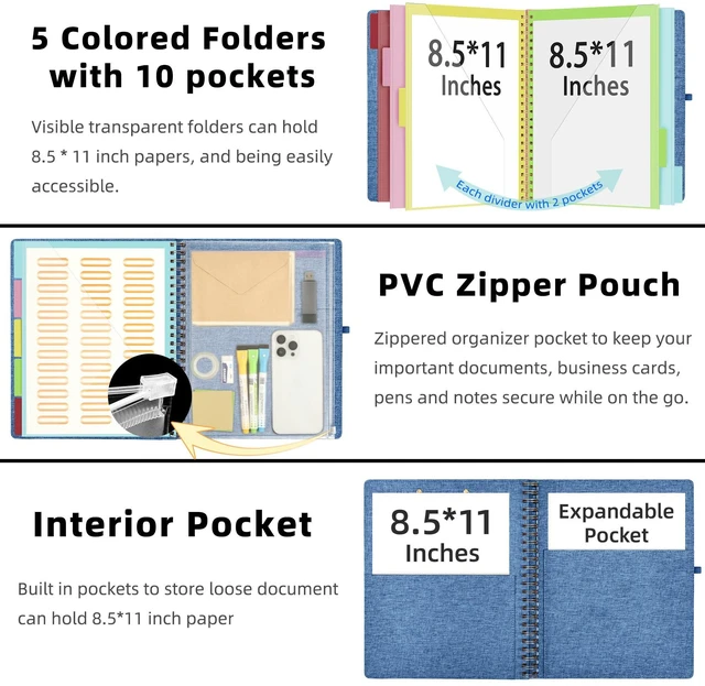 Alt view image 2 of 7 - Foldable Spiral Clipboard Folio with Storage Zipper Pouch, 5 Plastic Folders with 10 Pockets, Refillable Lined Notepad (11" x 8.5"), Linen Hardcover Project Organizer(Haze Bule)