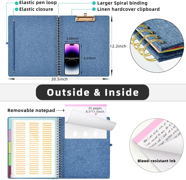 Alt view image 3 of 7 - Foldable Spiral Clipboard Folio with Storage Zipper Pouch, 5 Plastic Folders with 10 Pockets, Refillable Lined Notepad (11" x 8.5"), Linen Hardcover Project Organizer(Haze Bule)
