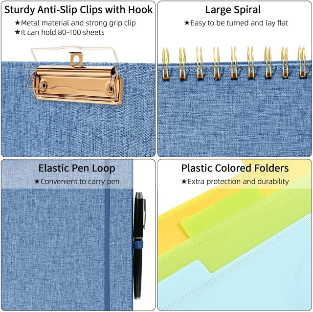 Alt view image 4 of 7 - Foldable Spiral Clipboard Folio with Storage Zipper Pouch, 5 Plastic Folders with 10 Pockets, Refillable Lined Notepad (11" x 8.5"), Linen Hardcover Project Organizer(Haze Bule)