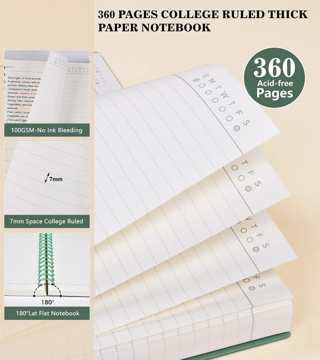 Alt view image 4 of 6 - Spiral Notebook Journal, 360 Pages College Ruled Notebooks, Lined Thick Journals for Women Men,B5 Big Spiral Notebooks with 100GSM Paper, Spiral Bound Journal for Writing Work School Green 7.6"×10"