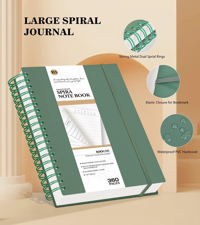 Alt view image 6 of 6 - Spiral Notebook Journal, 360 Pages College Ruled Notebooks, Lined Thick Journals for Women Men,B5 Big Spiral Notebooks with 100GSM Paper, Spiral Bound Journal for Writing Work School Green 7.6"×10"