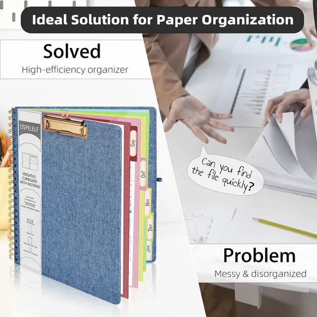 Alt view image 5 of 7 - Foldable Spiral Clipboard Folio with Storage Zipper Pouch, 5 Plastic Folders with 10 Pockets, Refillable Lined Notepad (11" x 8.5"), Linen Hardcover Project Organizer(Haze Bule)