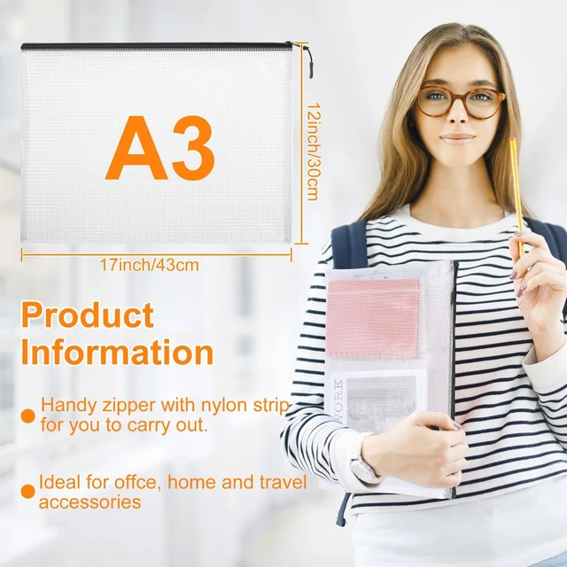 Alt view image 2 of 6 - 20pcs Mesh Zipper Pouch Bags A4 Mesh Bags for Classroom Organization, Waterproof Document Zipper Pouches for Cosmetics, Travel Storage File Bags for Office Supplie (Black-A3-20PCS)