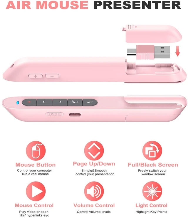 Alt view image 5 of 7 - Pink Wireless Presentation Remote with Air Mouse, Rechargeable USB C Slide Clicker Compatible with PowerPoint for Mac and Windows Laptops (2.4GHz)