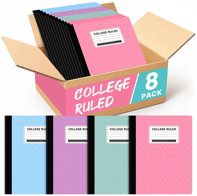 Main image of College Ruled Composition Notebook 8 Pack School Supplies, 160 Pages 9-3/4" x 7-1/2" Aesthetic Composition Notebooks, 80 Sheets, Pastel Colors, Perfect for School, Office and Note Taking