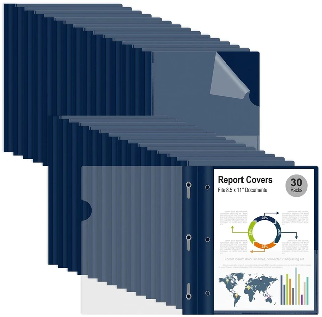 Main image of 30 Packs Clear Front Report Covers with 3-Prong Fasteners Plastic Project Presentation Folders Resume Document Covers with Navy Blue Back for 8.5x11 Letter Size Paper for School Office Business