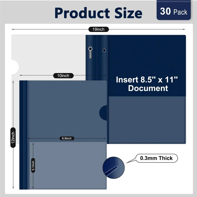 Alt view image 2 of 7 - 30 Packs Clear Front Report Covers with 3-Prong Fasteners Plastic Project Presentation Folders Resume Document Covers with Navy Blue Back for 8.5x11 Letter Size Paper for School Office Business