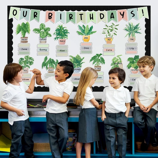 Alt view image 6 of 7 - Happy Birthday Bulletin Board Decorations Boho Plants Birthday Bulletin Board Border Set Greenery Paper Cutouts for Calendars Back to School Preschool Chalkboard Supplies