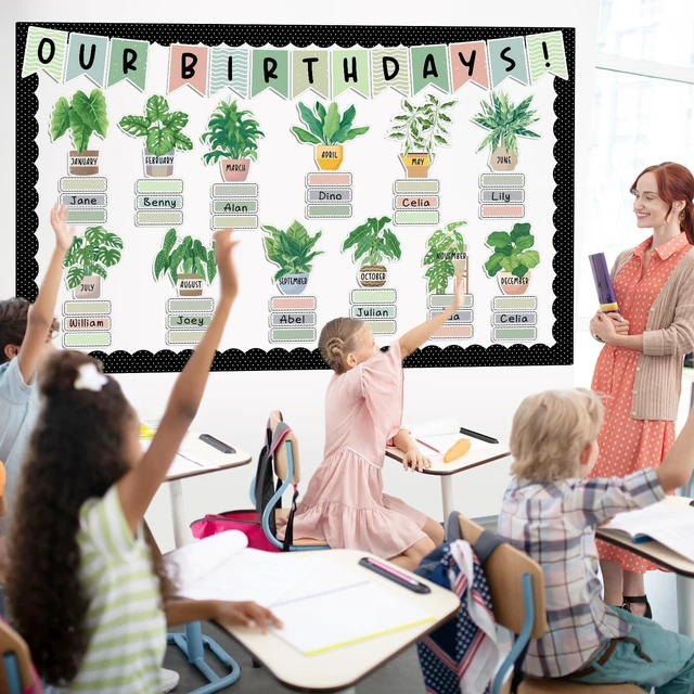 Alt view image 5 of 7 - Happy Birthday Bulletin Board Decorations Boho Plants Birthday Bulletin Board Border Set Greenery Paper Cutouts for Calendars Back to School Preschool Chalkboard Supplies