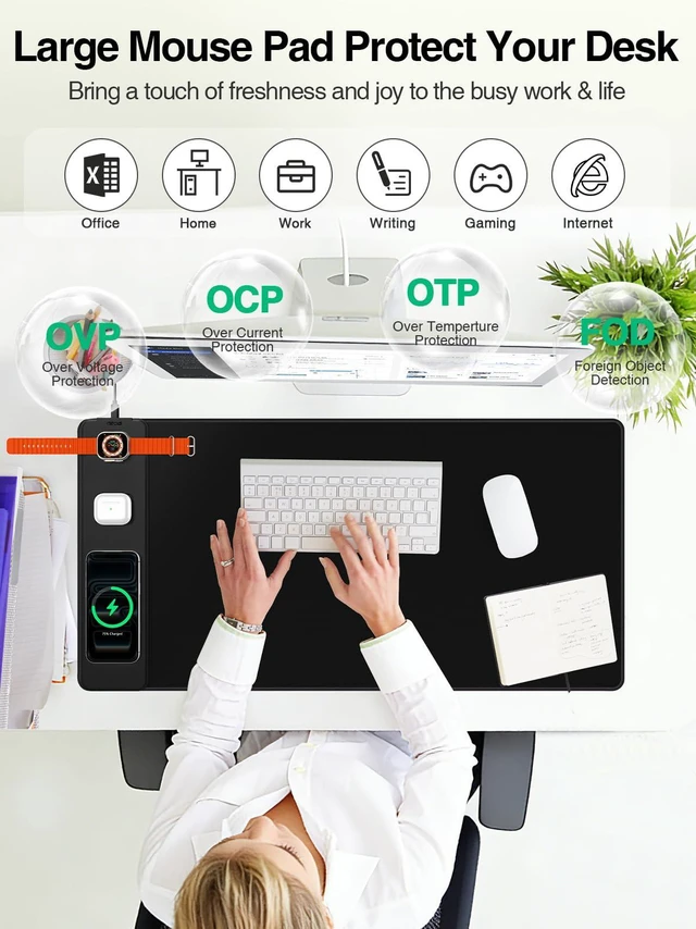 Alt view image 2 of 7 - Mouse Pad with Magnetic Wireless Charging, Large Desk Mat, Non-Slip Mouse Mat, Keyboard Pad for Gaming, Desk, Office, PC