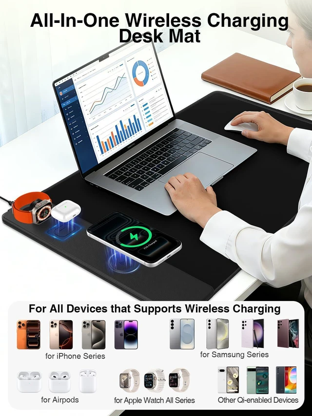 Alt view image 3 of 7 - Mouse Pad with Magnetic Wireless Charging, Large Desk Mat, Non-Slip Mouse Mat, Keyboard Pad for Gaming, Desk, Office, PC