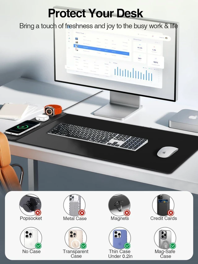 Alt view image 4 of 7 - Mouse Pad with Magnetic Wireless Charging, Large Desk Mat, Non-Slip Mouse Mat, Keyboard Pad for Gaming, Desk, Office, PC