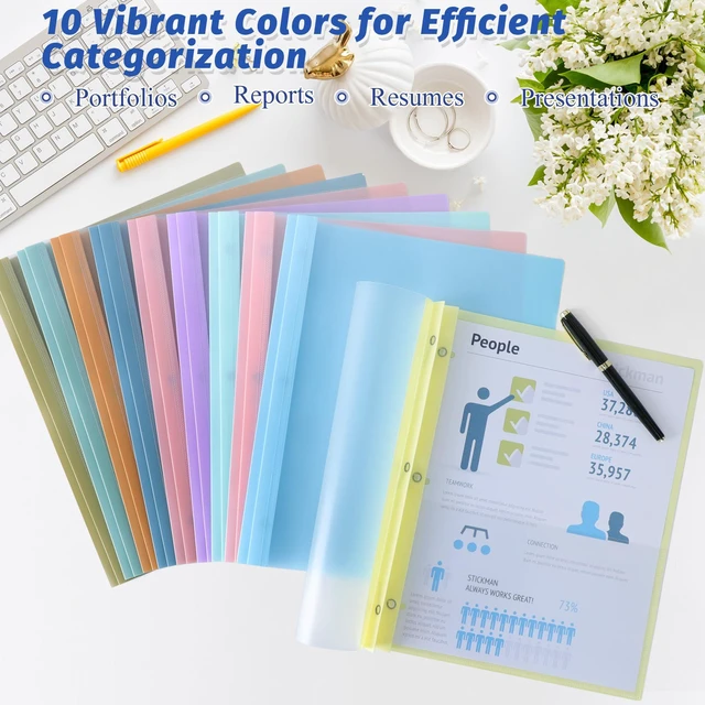Alt view image 6 of 7 - 30 Pack Plastic Report Covers with 3-Prong Fasteners for Letter Size Clear Front Presentation Folders, Resume Folders for Interview, 10 Colors Back, Metal 3-Prong Fasteners, 100 Sheet Capacity