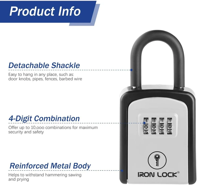 Alt view image 7 of 7 - ® Small Portable Key Lock Box with Code, U-Shackle (Small, Grey) U-shackle opens fully out to loop over a handle, gate, latch or rail; rolling combination dials, no app, no battery