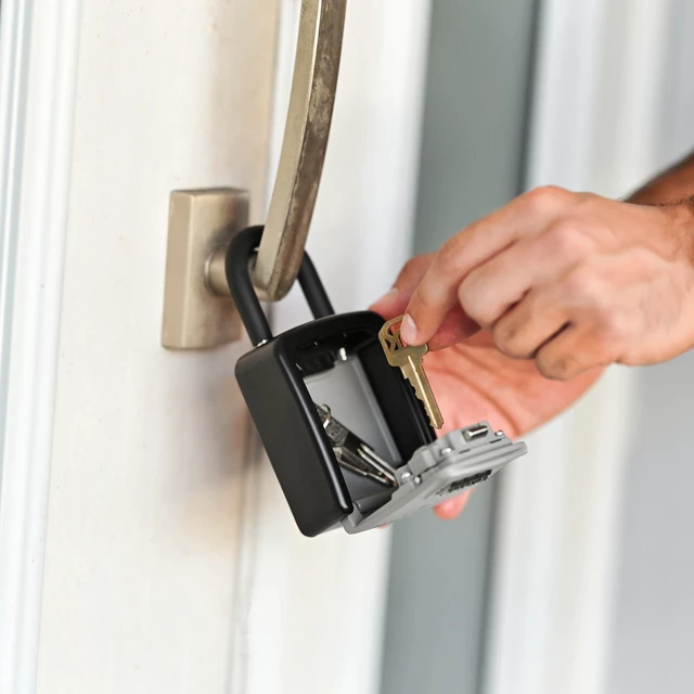 Alt view image 6 of 7 - ® Small Portable Key Lock Box with Code, U-Shackle (Small, Grey) U-shackle opens fully out to loop over a handle, gate, latch or rail; rolling combination dials, no app, no battery