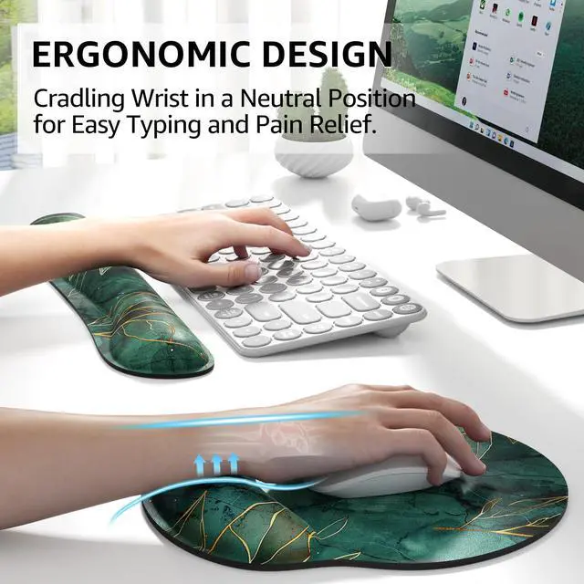 Alt view image 2 of 6 - Keyboard Wrist Rest & Mouse Pad with Wrist Rest, Green Leaves Memory Foam Wrist Support, Ergonomic Design, Non-Slip Base, Office and Home Use