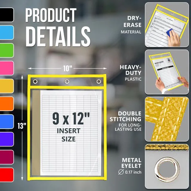 Alt view image 2 of 7 - 50 Pack Job Ticket Holders 9x12 inch - Colored Work Order Plastic Sleeves Shop Ticket Holders Dry Erase Pocket Sleeves Dry Erase Pockets Clear Pocket Sleeve Tickets Holder Plastic Sleeve