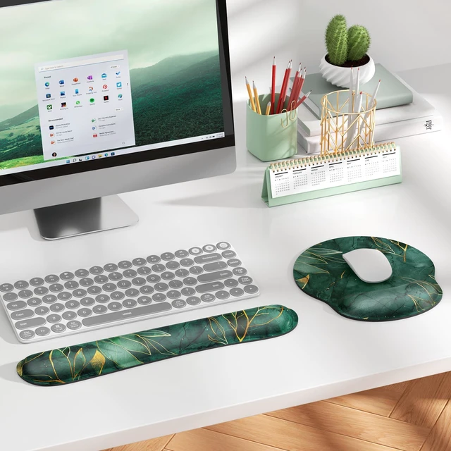 Alt view image 6 of 6 - Keyboard Wrist Rest & Mouse Pad with Wrist Rest, Green Leaves Memory Foam Wrist Support, Ergonomic Design, Non-Slip Base, Office and Home Use