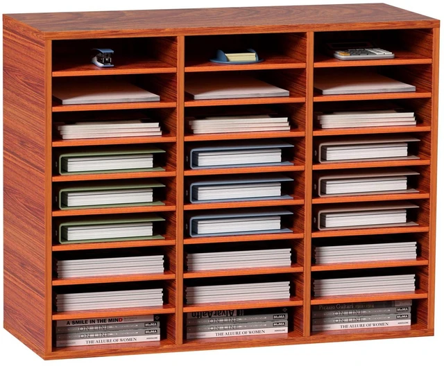 Main image of 27 Compartments Wood Literature Organizer, Adjustable Shelves, Medium Density Fiberboard Mail Center, Office Home School Storage for Files, Documents, Papers, Magazines, Brown