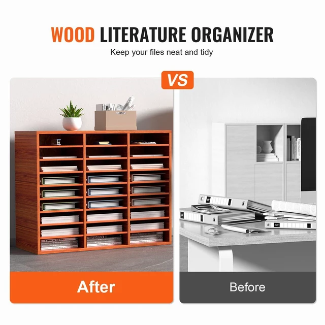 Alt view image 2 of 7 - 27 Compartments Wood Literature Organizer, Adjustable Shelves, Medium Density Fiberboard Mail Center, Office Home School Storage for Files, Documents, Papers, Magazines, Brown
