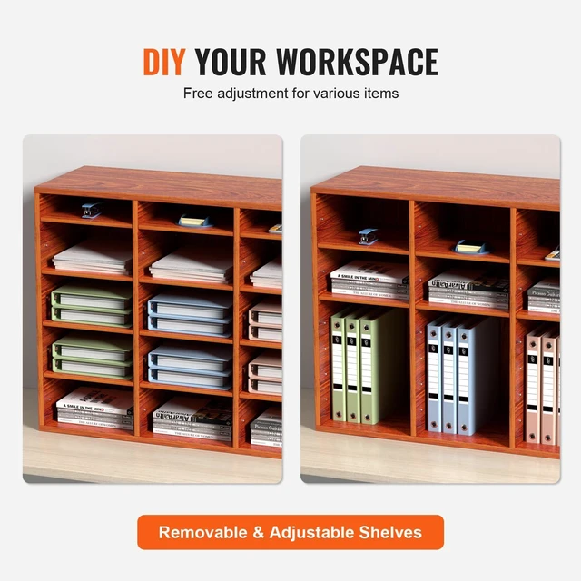 Alt view image 5 of 7 - 27 Compartments Wood Literature Organizer, Adjustable Shelves, Medium Density Fiberboard Mail Center, Office Home School Storage for Files, Documents, Papers, Magazines, Brown