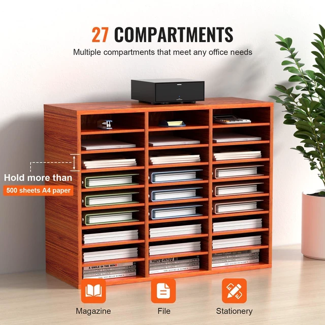Alt view image 4 of 7 - 27 Compartments Wood Literature Organizer, Adjustable Shelves, Medium Density Fiberboard Mail Center, Office Home School Storage for Files, Documents, Papers, Magazines, Brown