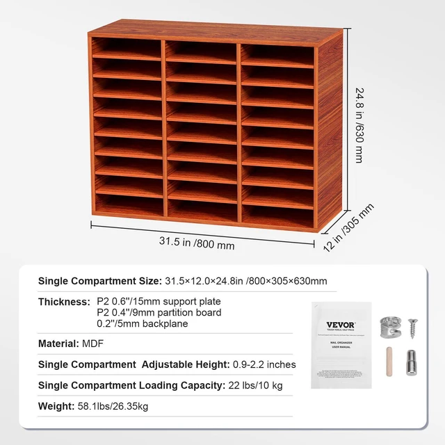 Alt view image 7 of 7 - 27 Compartments Wood Literature Organizer, Adjustable Shelves, Medium Density Fiberboard Mail Center, Office Home School Storage for Files, Documents, Papers, Magazines, Brown