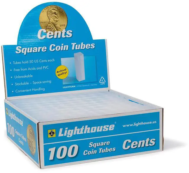 Main image of LIGHTHOUSE - Square Coin Tubes - Convenient Push Top, Virtually Unbreakable, Acid Free and Archival Quality - Coin Tubes for US Penny, 100 Pack