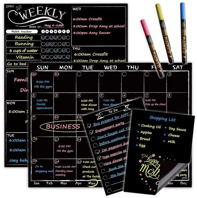 Main image of Magnetic Chalkboard Monthly Calendar - Weekly Planner Blackboard Combo Set w/Neon Bright Liquid Chalk Markers - Bonus Grocery List and Notepad Blackboard for Refrigerator Included