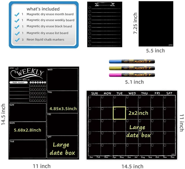 Alt view image 2 of 7 - Magnetic Chalkboard Monthly Calendar - Weekly Planner Blackboard Combo Set w/Neon Bright Liquid Chalk Markers - Bonus Grocery List and Notepad Blackboard for Refrigerator Included