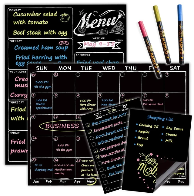 Main image of Magnetic Chalkboard Monthly Calendar - Weekly Meal Planning Blackboard Combo Set with Neon Bright Liquid Chalk Markers - Bonus Grocery List and Notepad Blackboard for Refrigerator Included